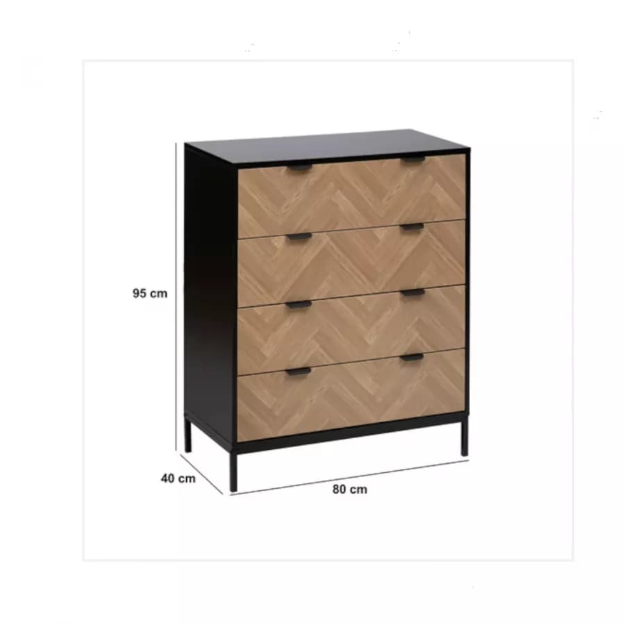 Cassettiera 80x40 cm in acciaio nero con 4 cassetti in legno effetto parquet - Blacky