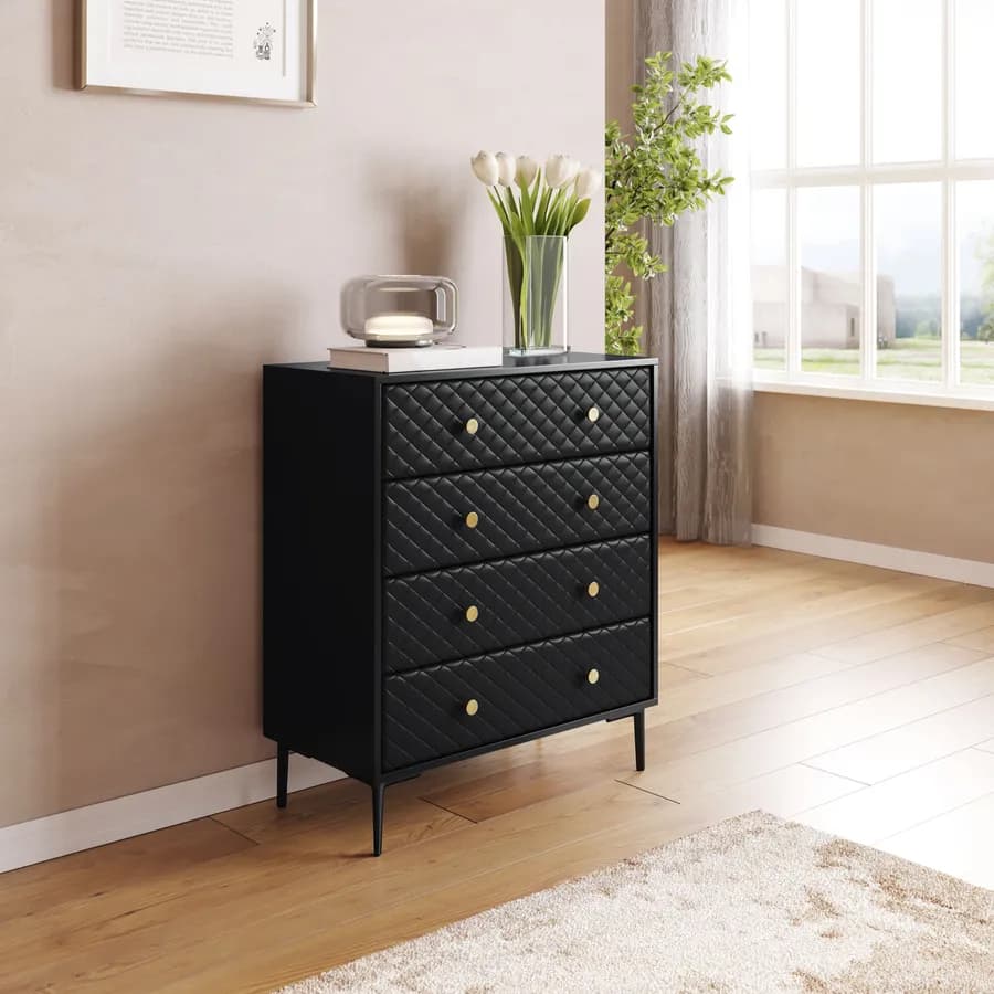 Cassettiera 80x95h cm nero opaco e similpelle con 4 cassetti - Zimma
