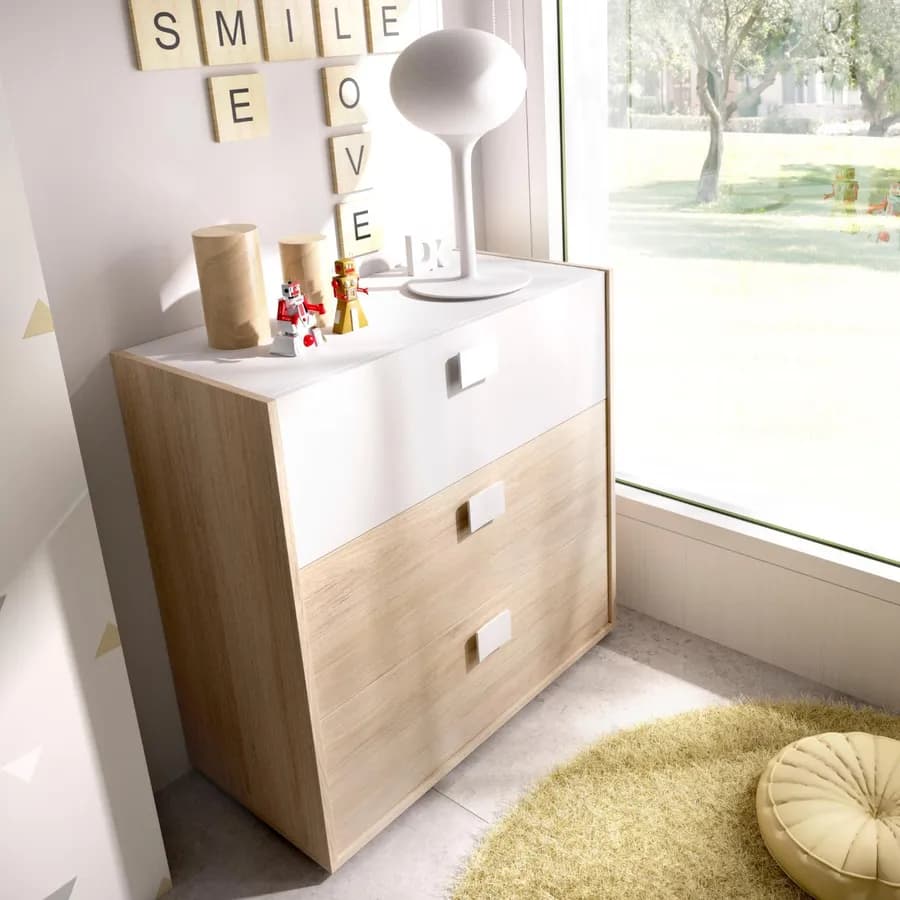 Cassettiera 81x81 h cm in legno bianco e naturale con tre cassetti - Dinasty