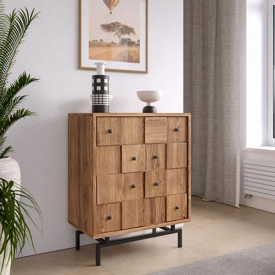 Cassettiera 87x105h cm in legno di acacia con 4 cassetti e piedi in metallo nero - Baktu