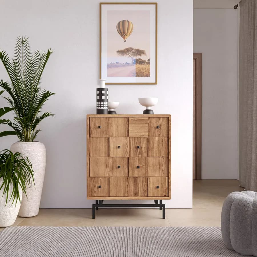 Cassettiera 87x105h cm in legno di acacia con 4 cassetti e piedi in metallo nero - Baktu