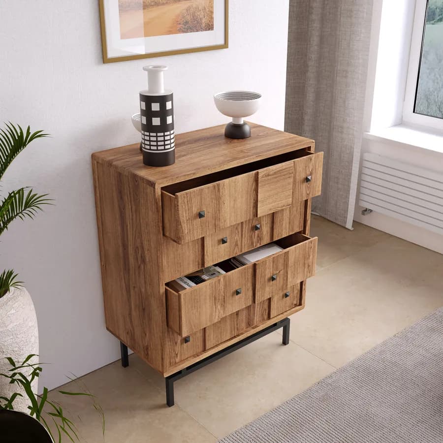 Cassettiera 87x105h cm in legno di acacia con 4 cassetti e piedi in metallo nero - Baktu