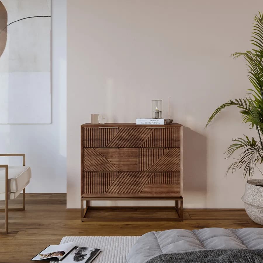 Cassettiera 90x85h cm con 3 cassetti in legno di mango cannettato - Maltese