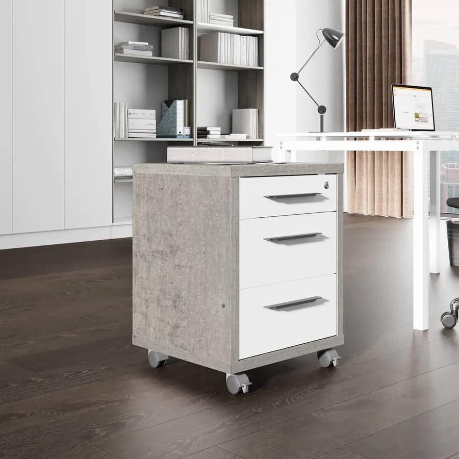 Cassettiera con 3 cassetti e ruote finitura cemento e bianco lucido - Homely office