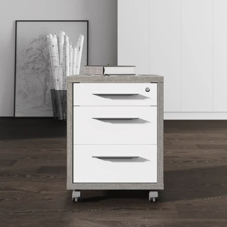 Cassettiera con 3 cassetti e ruote finitura cemento e bianco lucido - Homely office