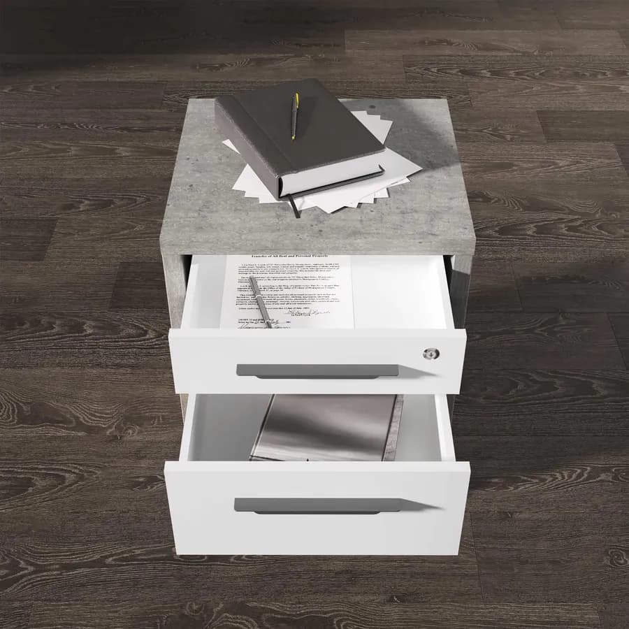 Cassettiera con 3 cassetti e ruote finitura cemento e bianco lucido - Homely office