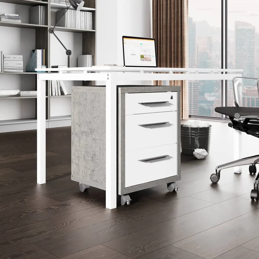 Cassettiera con 3 cassetti e ruote finitura cemento e bianco lucido - Homely office