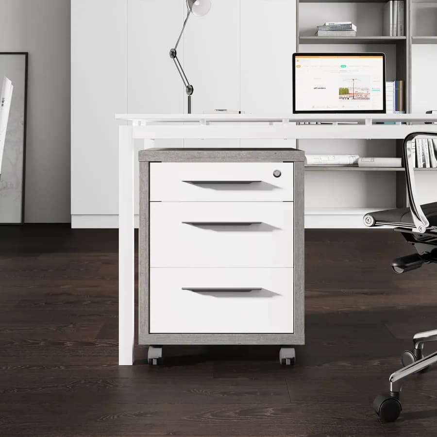 Cassettiera con 3 cassetti e ruote finitura cemento e bianco lucido - Homely office