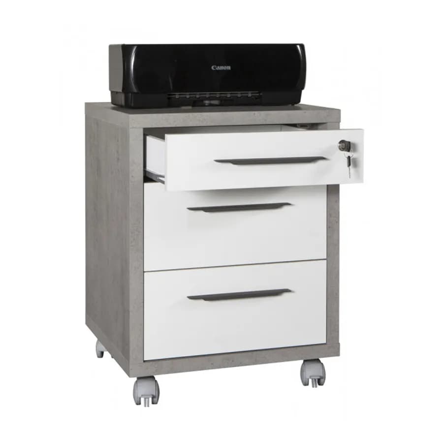 Cassettiera con 3 cassetti e ruote finitura cemento e bianco lucido - Homely office