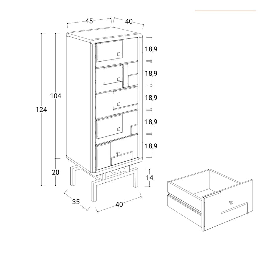 Cassettiere 45x120h cm in legno di acacia con 5 cassetti e piedi in metallo nero - Baktu