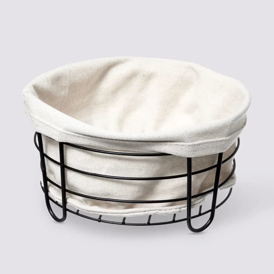 Cestino portapane rotondo 25 cm in acciaio nero e tessuto bianco