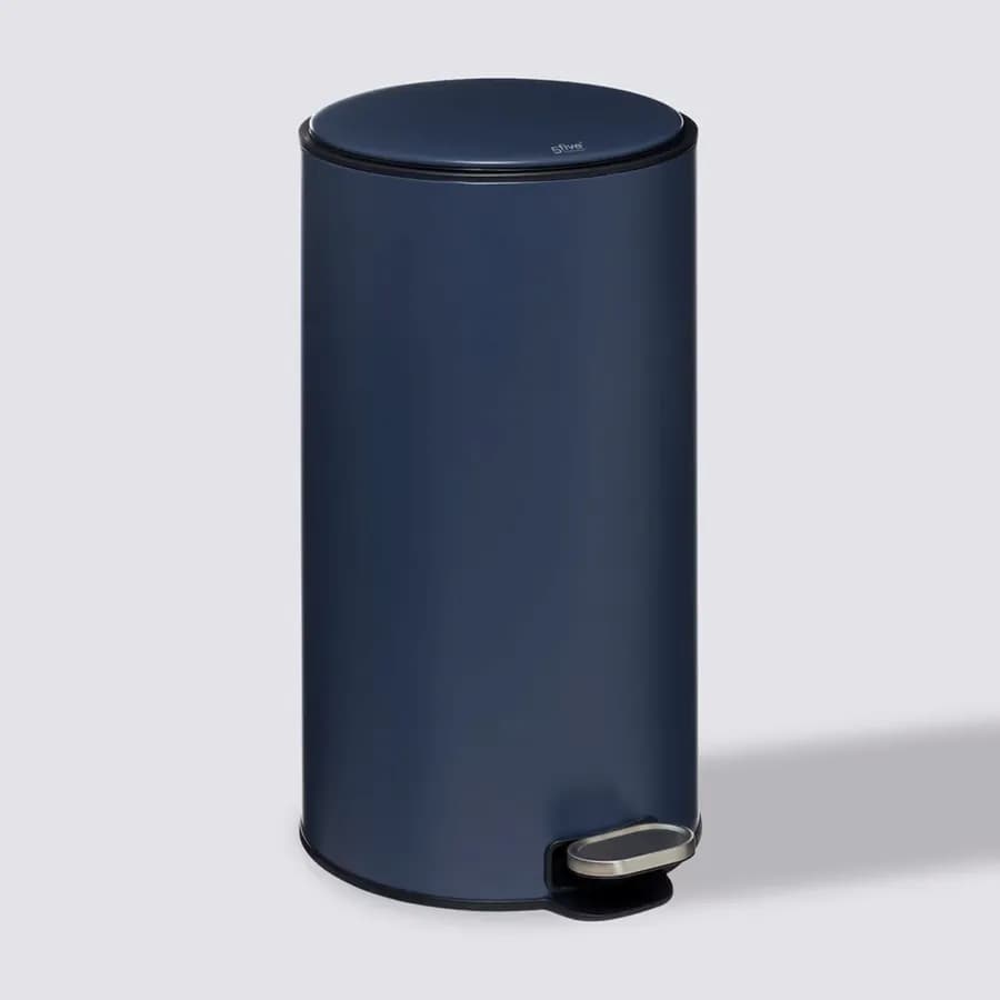 Pattumiera 30 litri rotonda in metallo blu con coperchio e pedale - Thalor