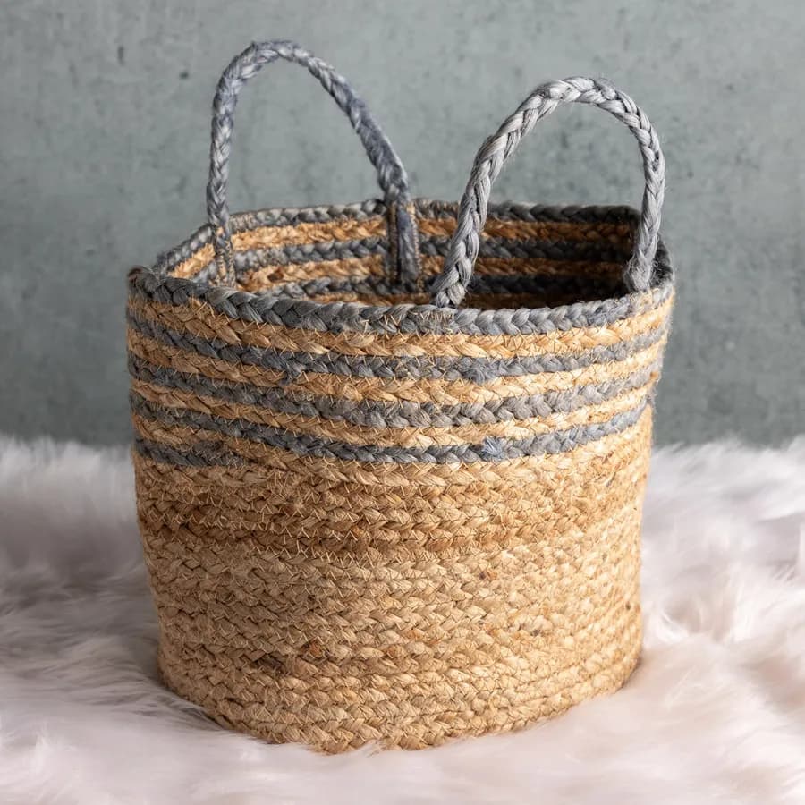 Cesto rotondo 28 cm in juta naturale a strisce blu
