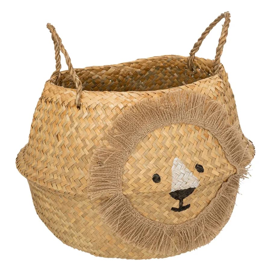 Cesto contenitore rotondo 35 cm leone intrecciato in giunco naturale - Kids
