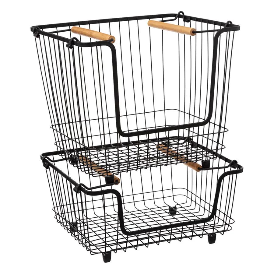 Cesto impilabile 33x16h cm in metallo nero con manici e piedini antiscivolo - Elvyr