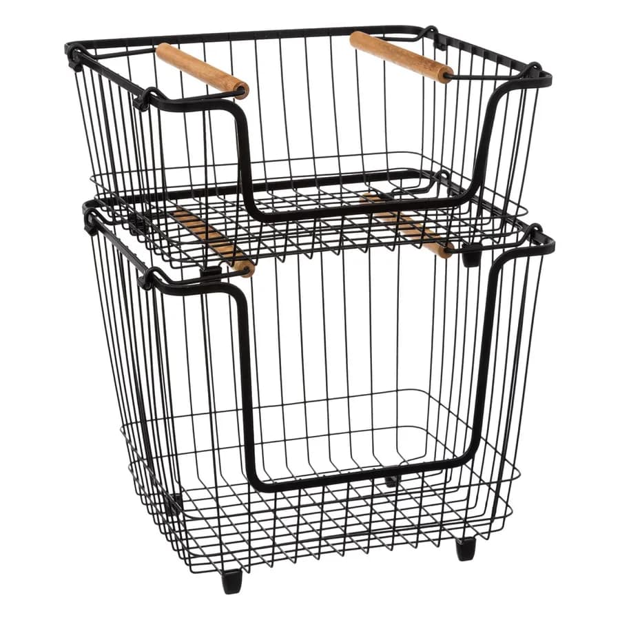 Cesto impilabile 33x16h cm in metallo nero con manici e piedini antiscivolo - Elvyr
