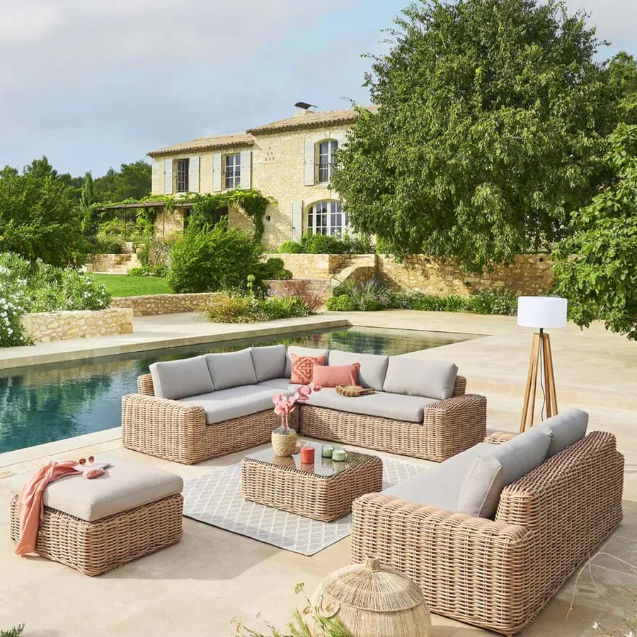 Chaise longue sinistra 160x94 cm in polyrattan naturale con cuscini - Savern
