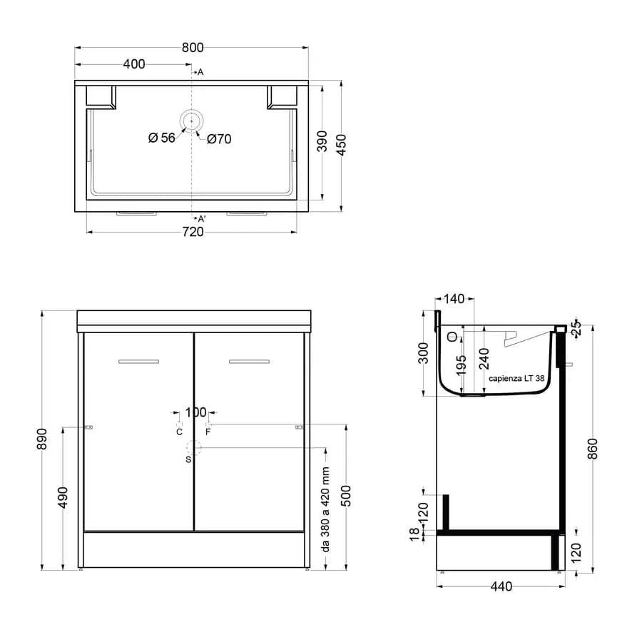 Colavene lavapanni Domestica 80x45x86h cm con vasca e vano contenitore con ante