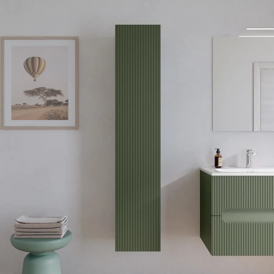 Colonna bagno sospesa 30x150 h cm cannettato con anta reversibile verde cemento - Tayga