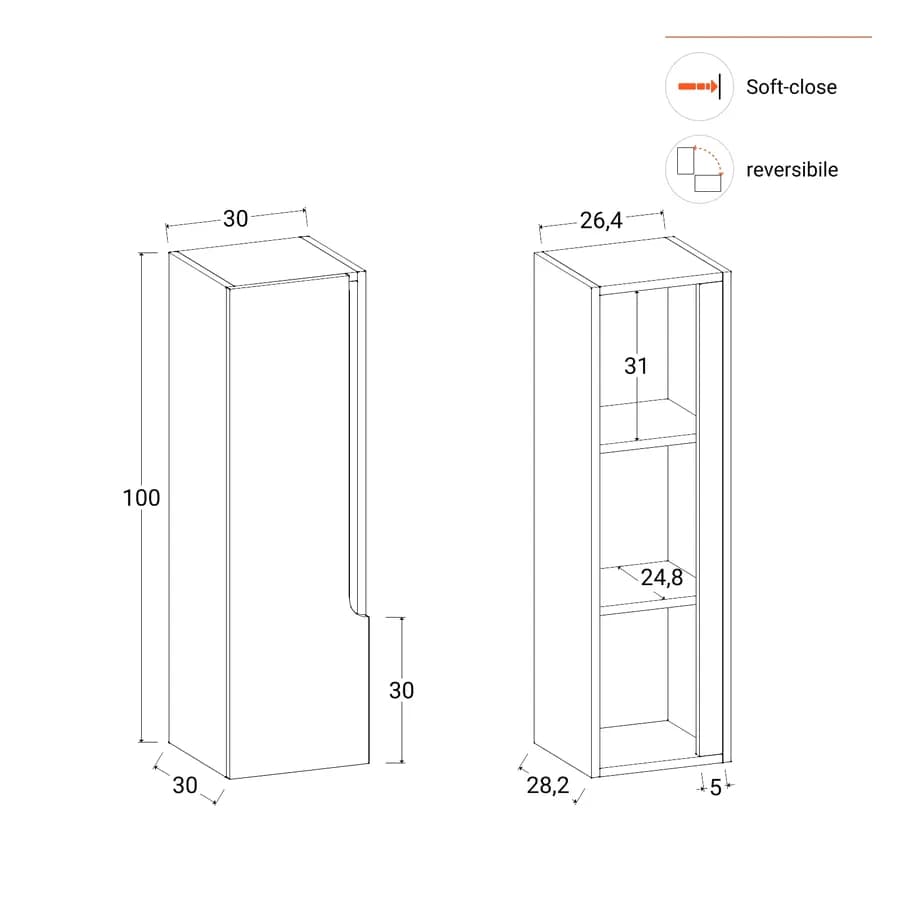 Colonna bagno sospesa 30x30x100h cm rovere deciso - Agave