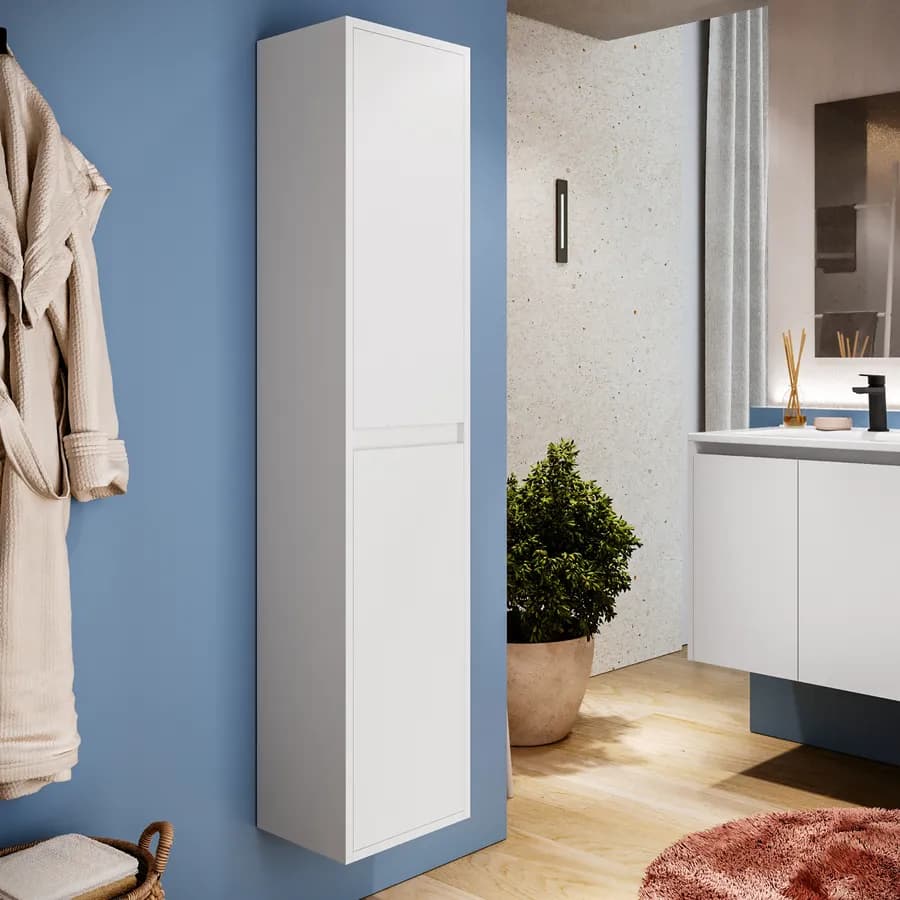 Colonna bagno sospesa 140h cm white satinato con anta Soft Close reversibile - Medora e Libras