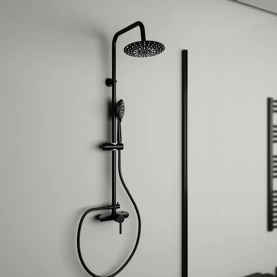 Sistema doccia nero con soffione tondo doccetta e miscelatore con 2 uscite