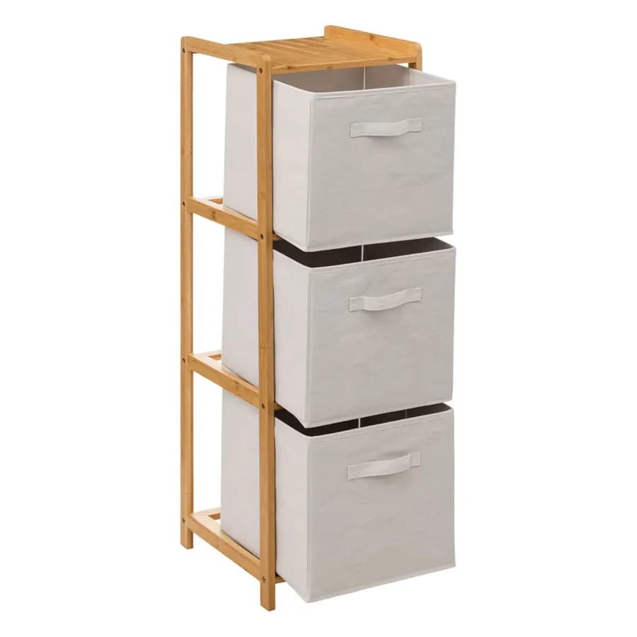 Colonna multiuso 35x110h cm in bambù naturale con 3 cassetti in tessuto bianco - Lascaux