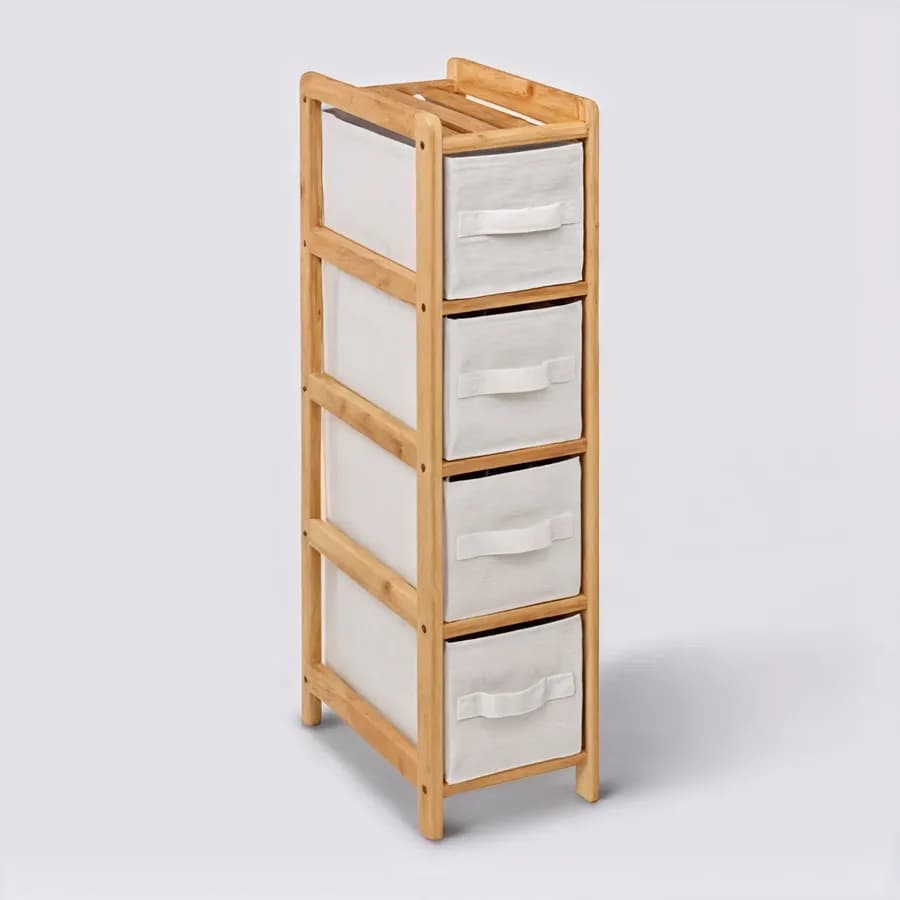Colonna multiuso salvaspazio 19x78h cm in bambù naturale con 4 cassetti in tessuto bianco - Lascaux