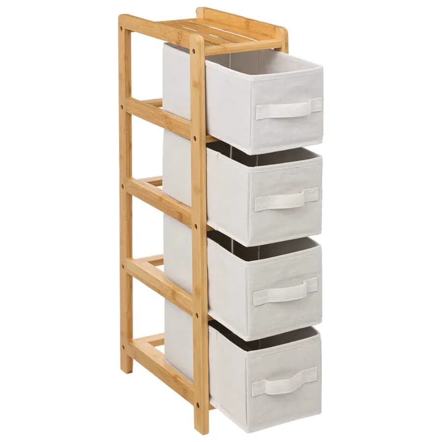 Colonna multiuso salvaspazio 19x78h cm in bambù naturale con 4 cassetti in tessuto bianco - Lascaux