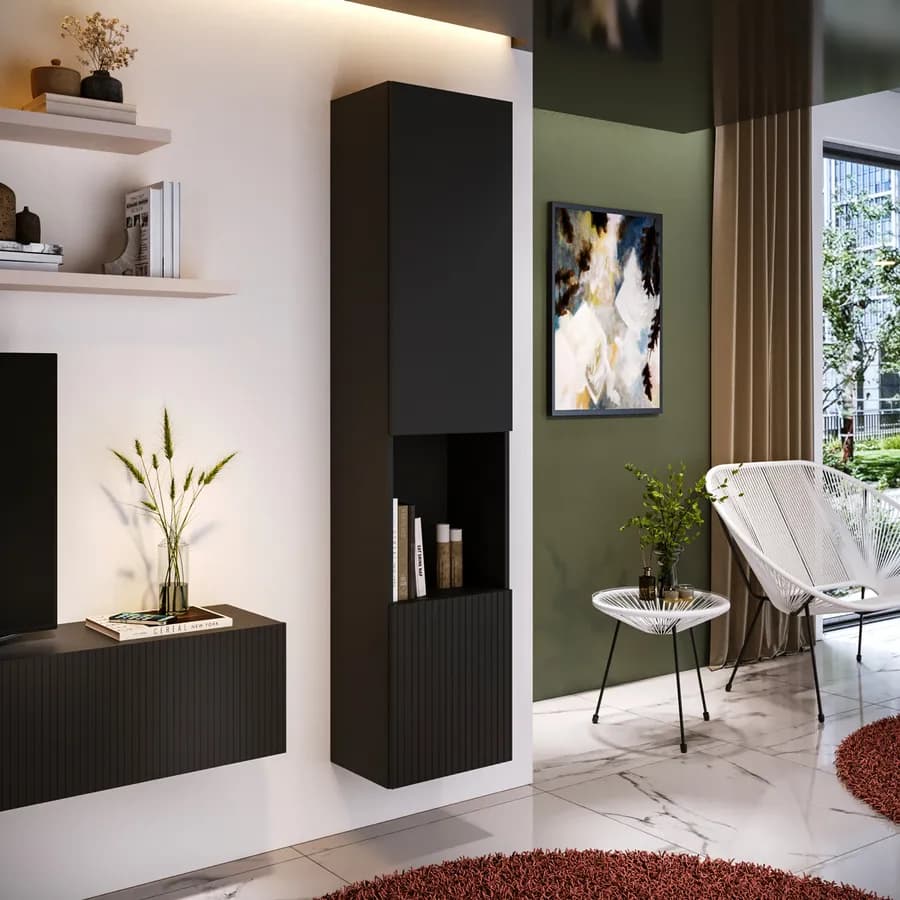 Colonna sospesa 40x180h nero opaco cannettato con 2 ante e vano a giorno - Ingrid