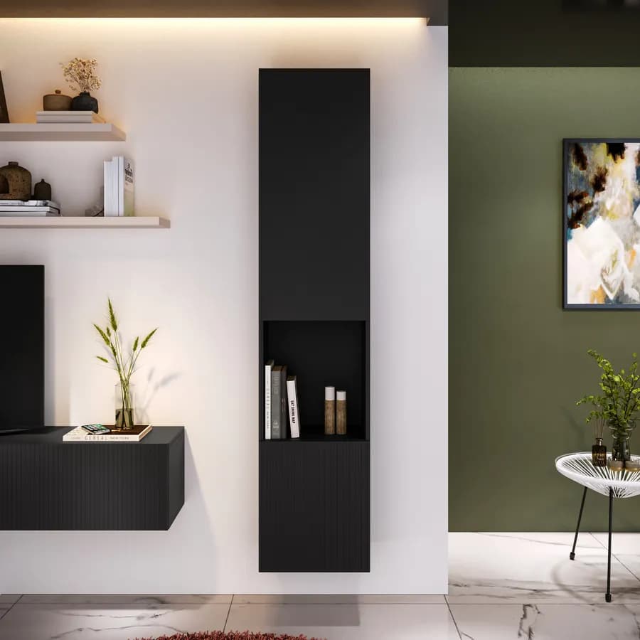 Colonna sospesa 40x180h nero opaco cannettato con 2 ante e vano a giorno - Ingrid