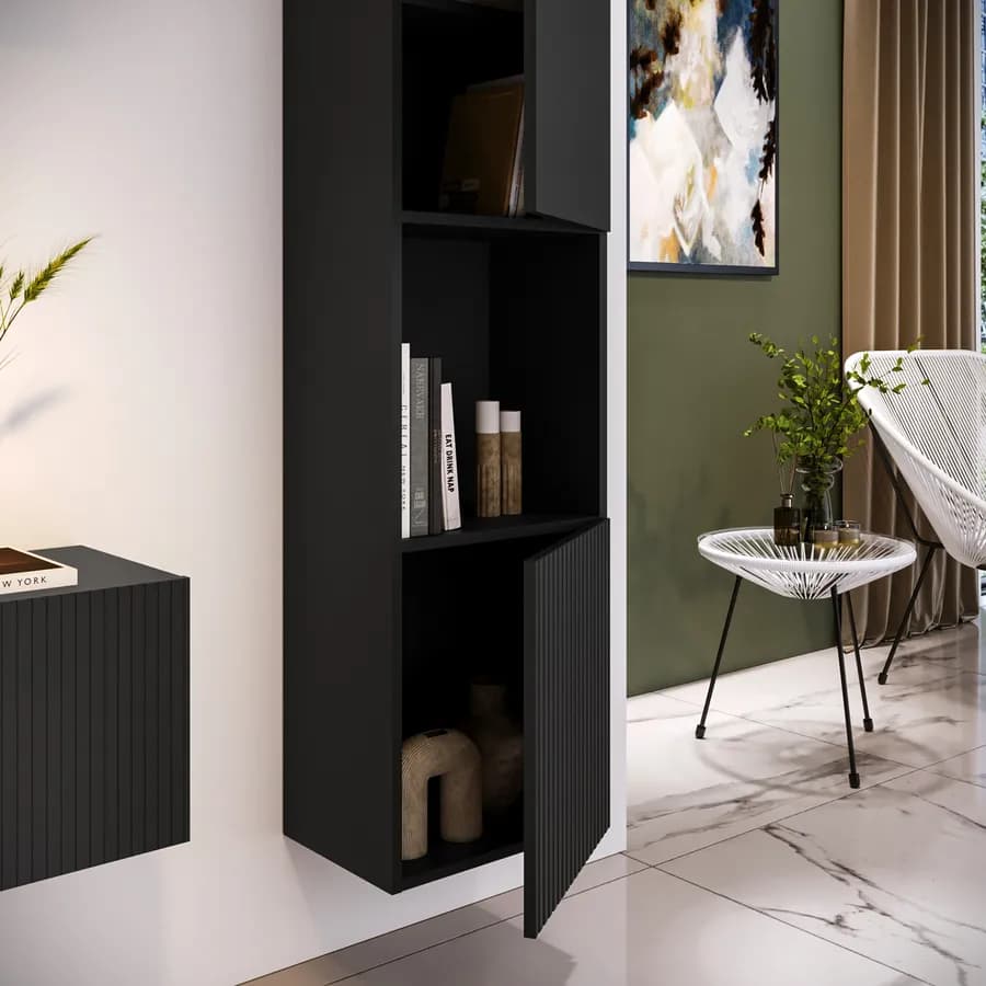 Colonna sospesa 40x180h nero opaco cannettato con 2 ante e vano a giorno - Ingrid