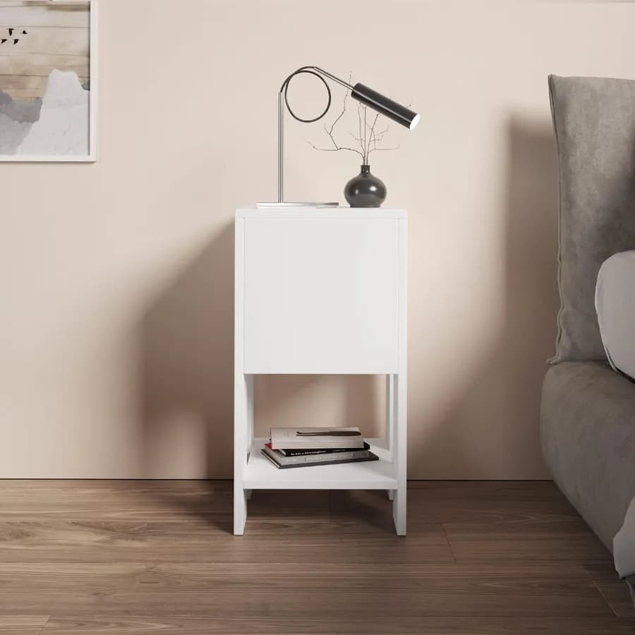 Comodino 30x30 cm in legno bianco con 1 anta push pull - Kantiko