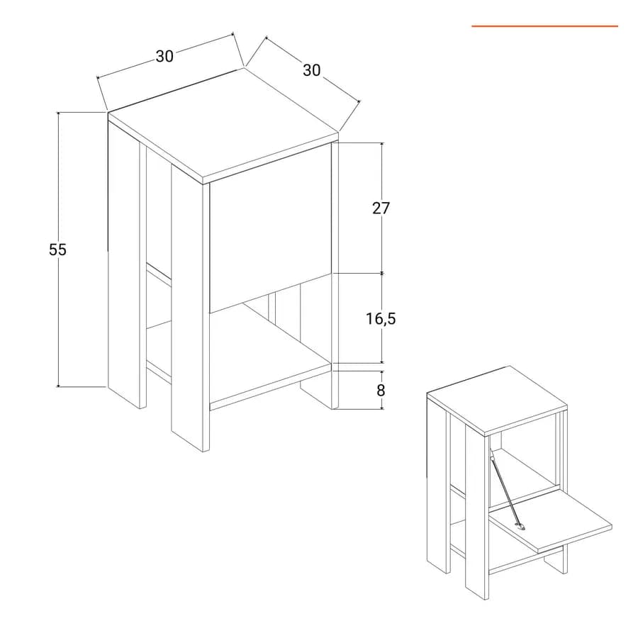 Comodino 30x30 cm in legno bianco con 1 anta push pull - Kantiko