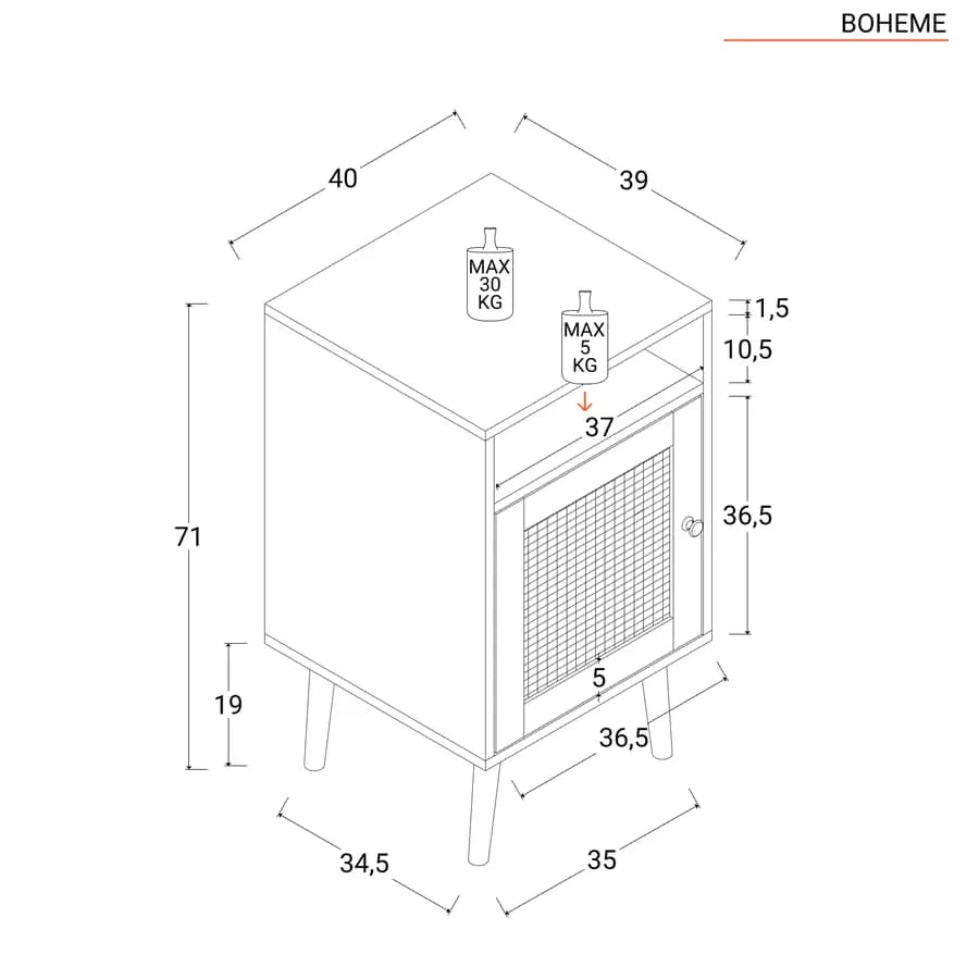 Comodino 39x71h cm in legno naturale con anta in rattan e un vano a giorno - Boheme