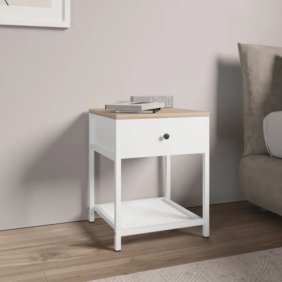 Comodino 40x51h cm in acciaio bianco e top rovere con cassetto e ripiano - Sheryl