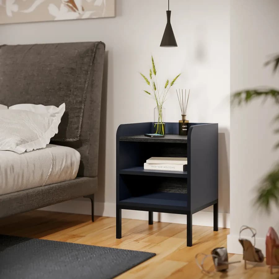 Comodino 40x55h cm blu con 2 vani a giorno e gambe in metallo nero - Jewel