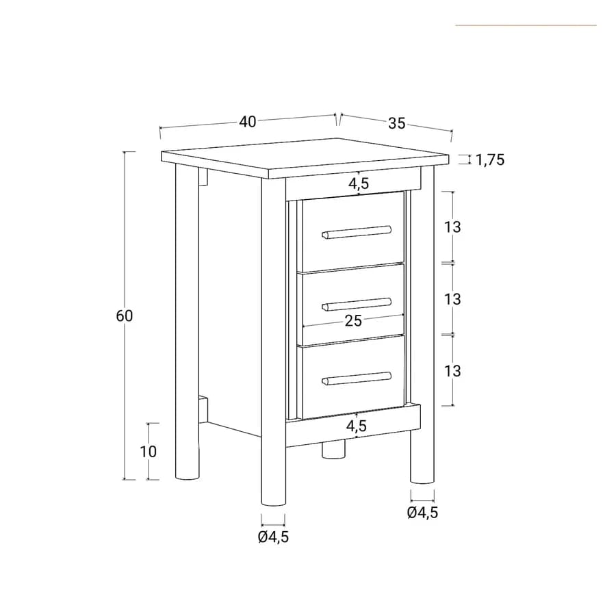 Comodino 40x60h cm legno di mango naturale con 3 cassetti - Eclisse