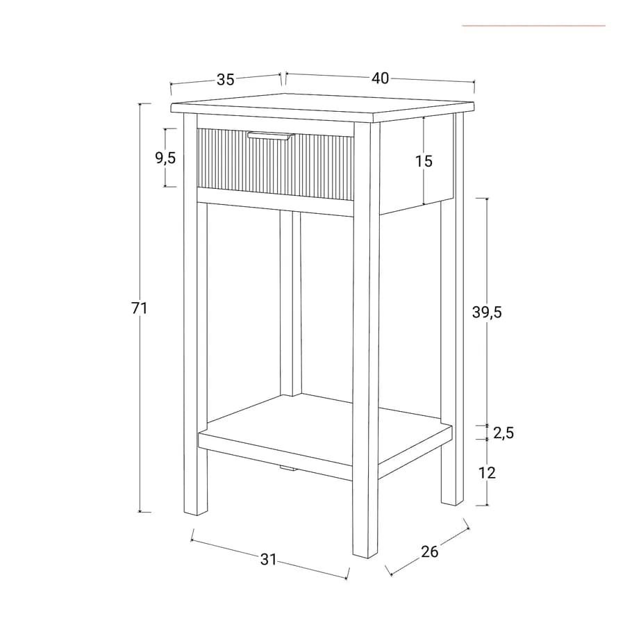 Comodino 40x71h cm con 1 cassetto in legno di pino nero cannettato con maniglia oro - Posh