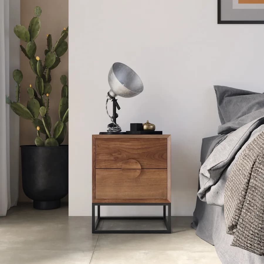 Comodino 44x55h cm in legno di acacia e metallo nero con cassetti - Freia Stone