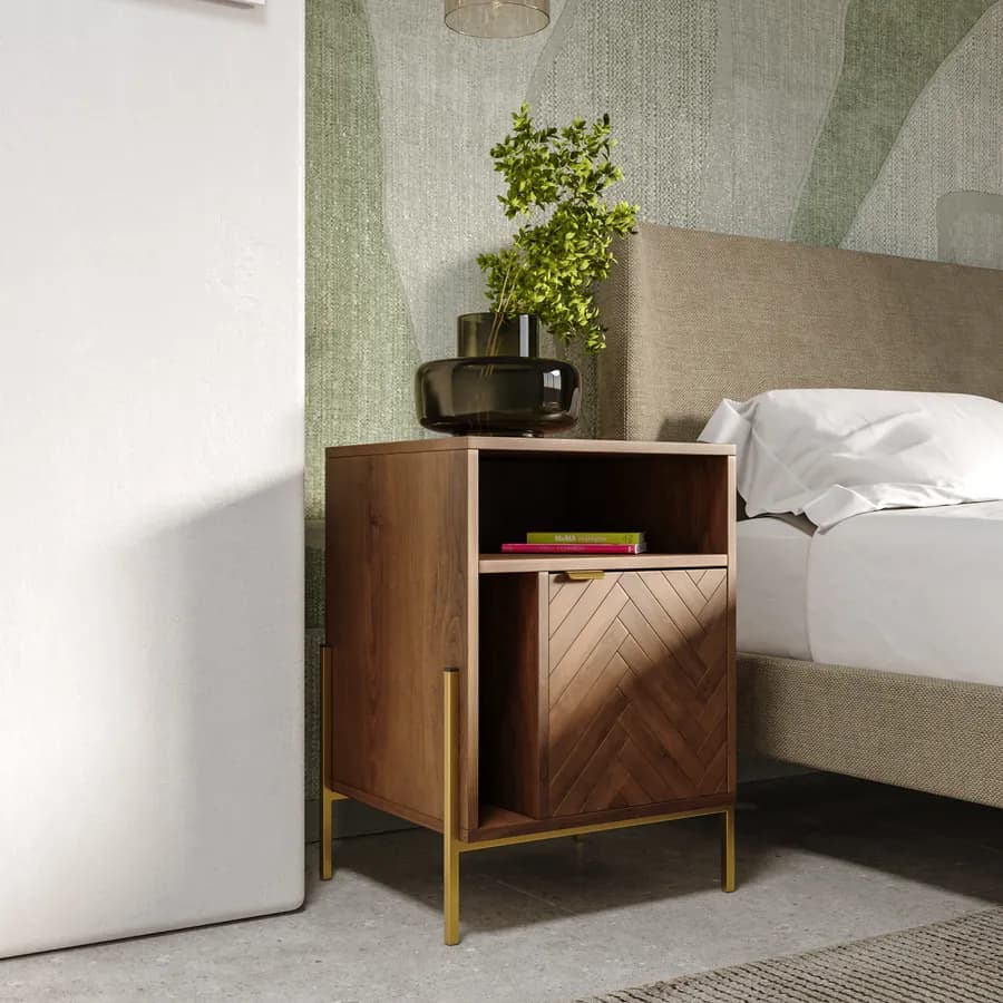 Comodino 45x60h cm in legno noce effetto parquet con 1 anta e struttura in metallo oro bronzato - Mufasa
