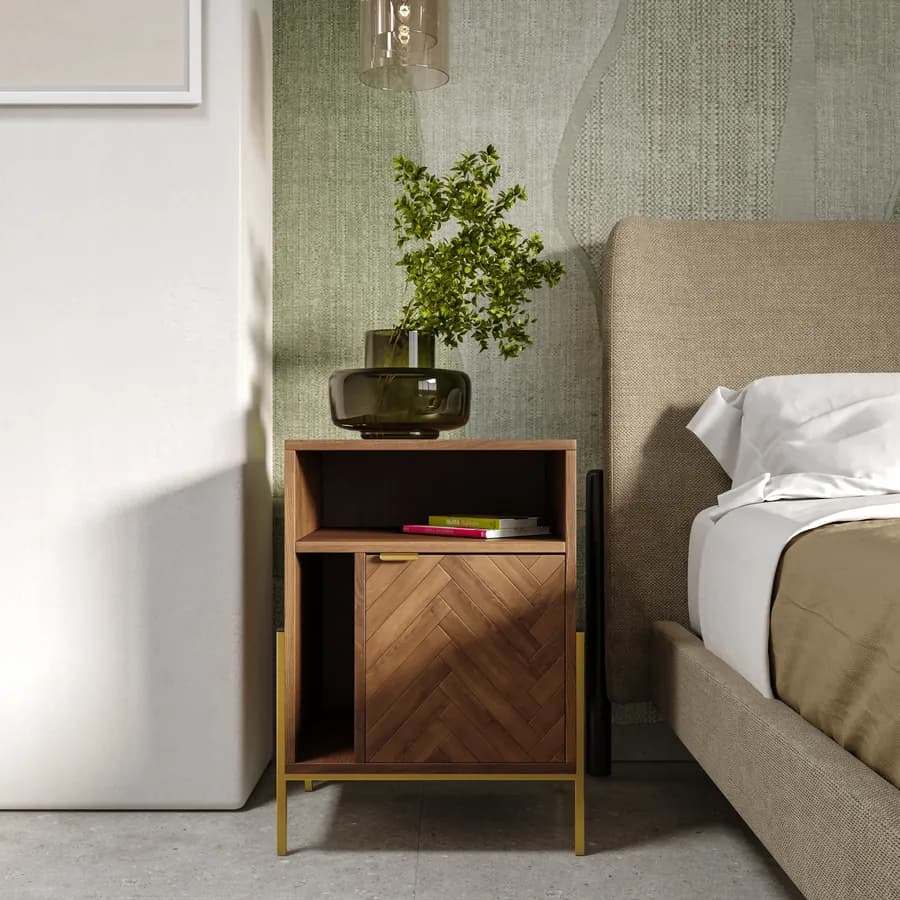 Comodino 45x60h cm in legno noce effetto parquet con 1 anta e struttura in metallo oro bronzato - Mufasa