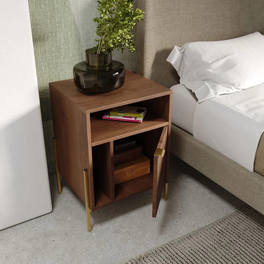 Comodino 45x60h cm in legno noce effetto parquet con 1 anta e struttura in metallo oro bronzato - Mufasa