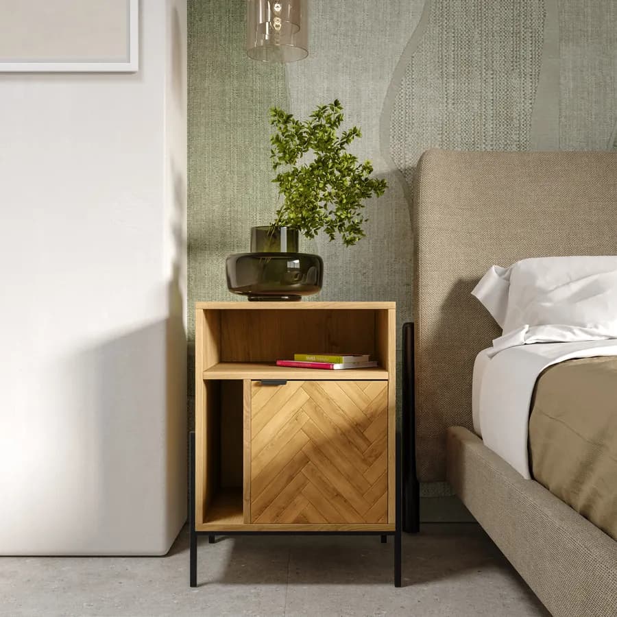Comodino 45x60h cm in legno rovere chiaro effetto parquet con 1 anta e struttura in metallo nero opaco - Mufasa