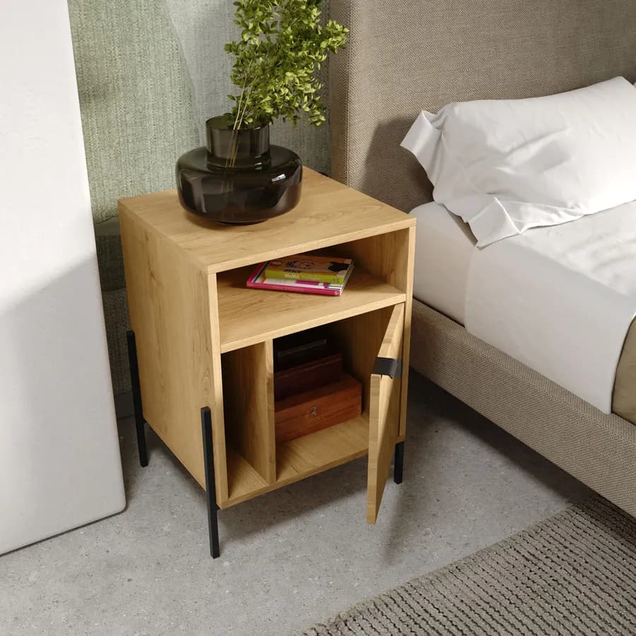 Comodino 45x60h cm in legno rovere chiaro effetto parquet con 1 anta e struttura in metallo nero opaco - Mufasa