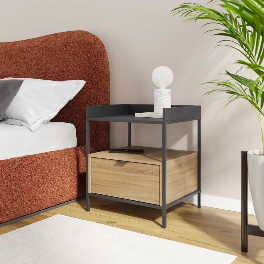 Comodino 48x40 cm effetto rovere grano e metallo nero con 1 cassetto - Puton