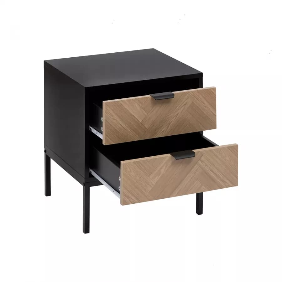 Comodino 50x40 cm in acciaio nero con 2 cassetti in legno effetto parquet - Blacky