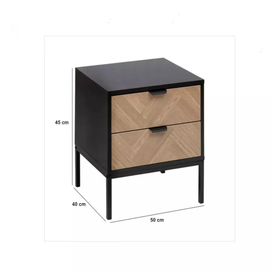 Comodino 50x40 cm in acciaio nero con 2 cassetti in legno effetto parquet - Blacky