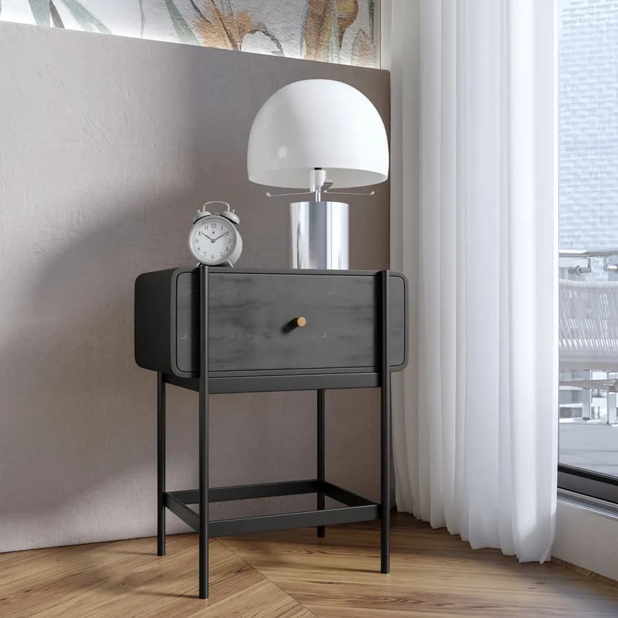 Comodino 50x61h cm in legno nero craven e metallo nero con 1 cassetto - Kirki