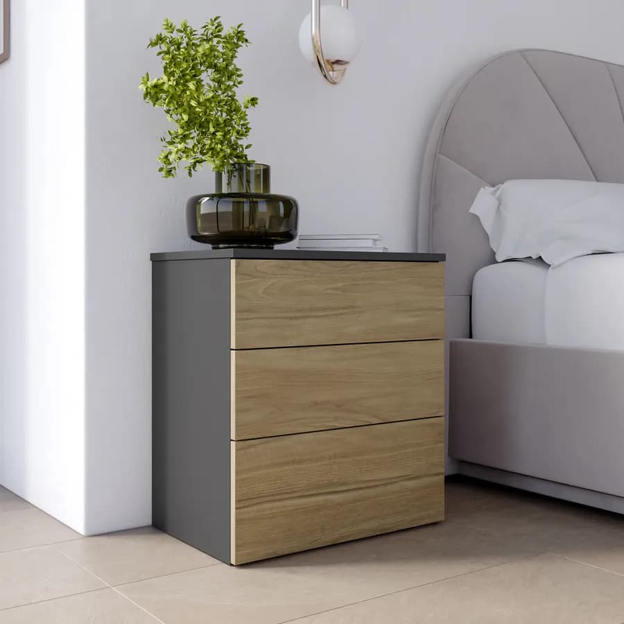 Comodino 52x58h cm con 3 cassetti antracite e rovere - Axel